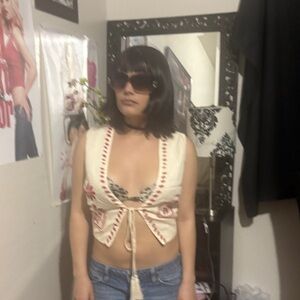 Princess Polly Cream Embroidered Tie-Front Crop Top